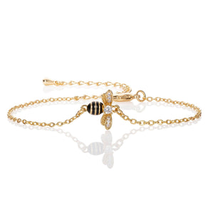 Gold Bumble Bee Bracelet with Cubic Zirconia and Black Enamel - namana.london