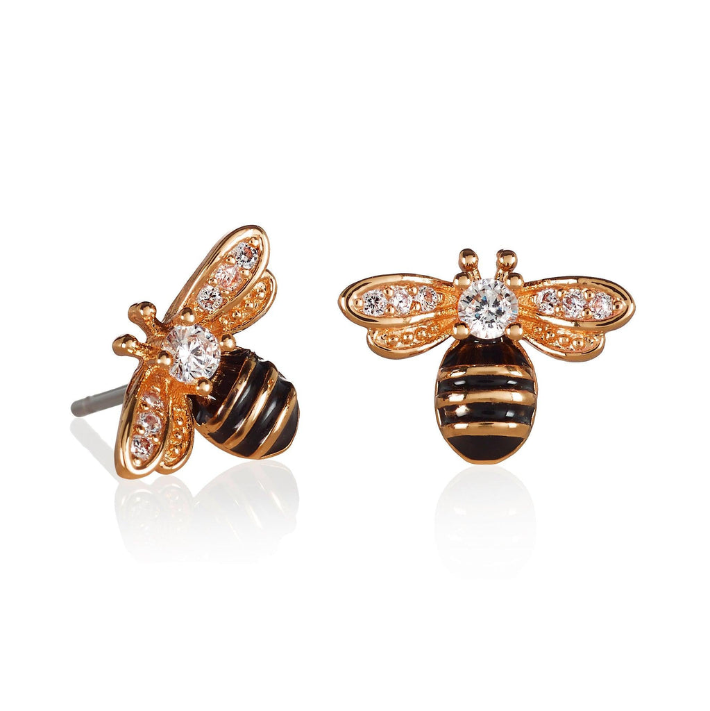 Rose Gold Bumble Bee Stud Earrings with Cubic Zirconia and Black Enamel - namana.london