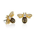 Gold Bumble Bee Stud Earrings with Cubic Zirconia and Black Enamel - namana.london