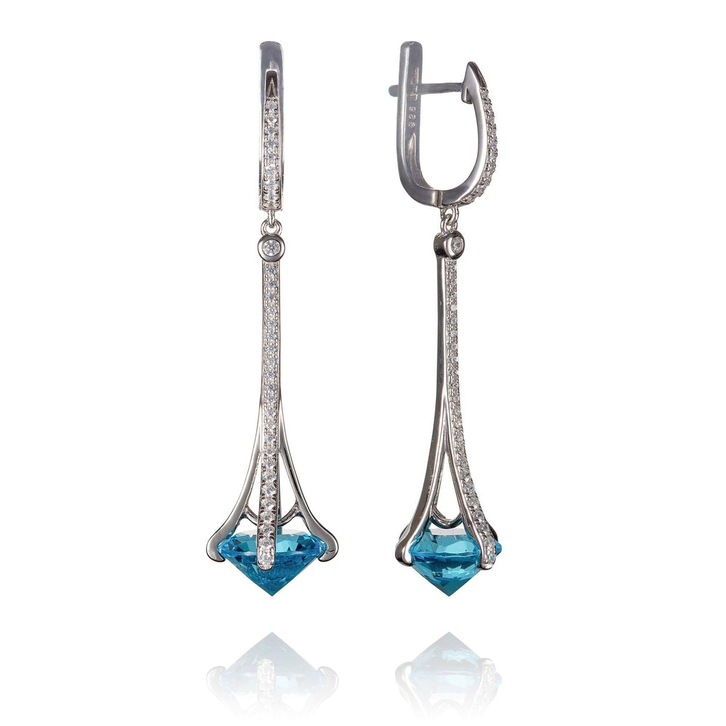 Sterling Silver Long Drop Earrings for Women with Light Blue Stones and Cubic Zirconia Gemstones - namana.london