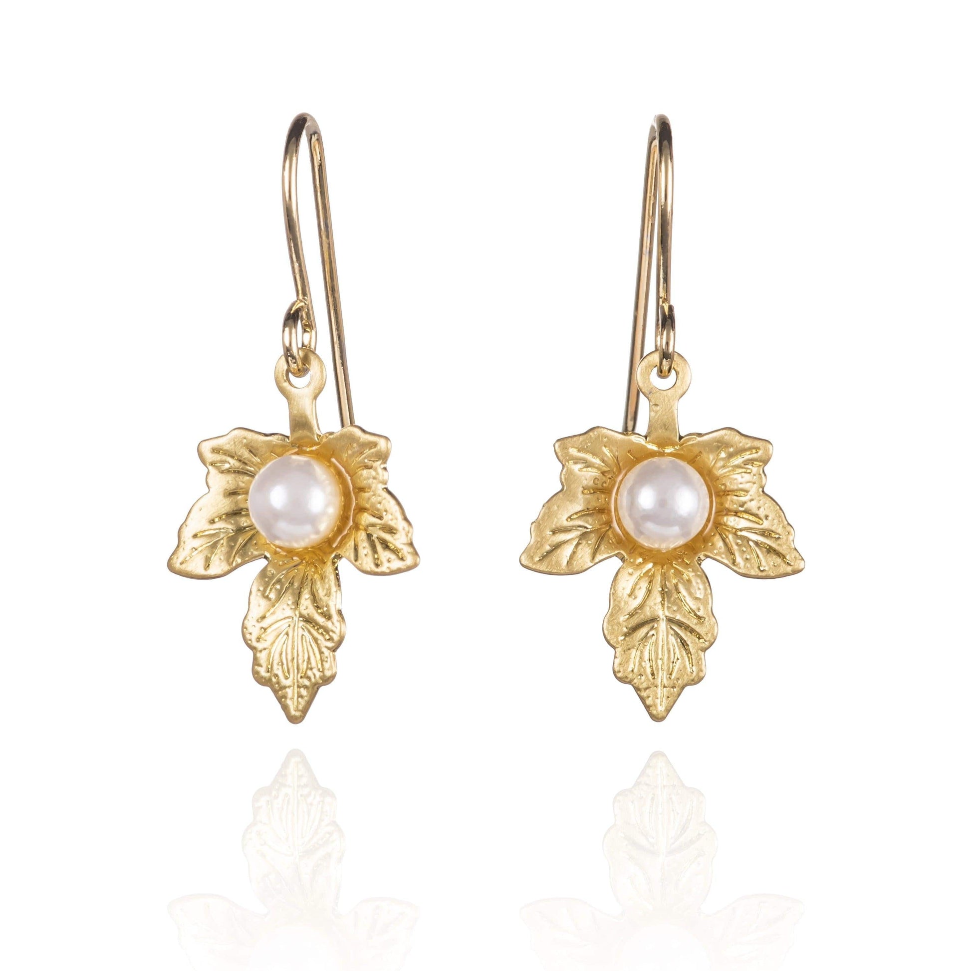 Cute Gold Leaf Pearl Drop Earrings for Women - namana.london