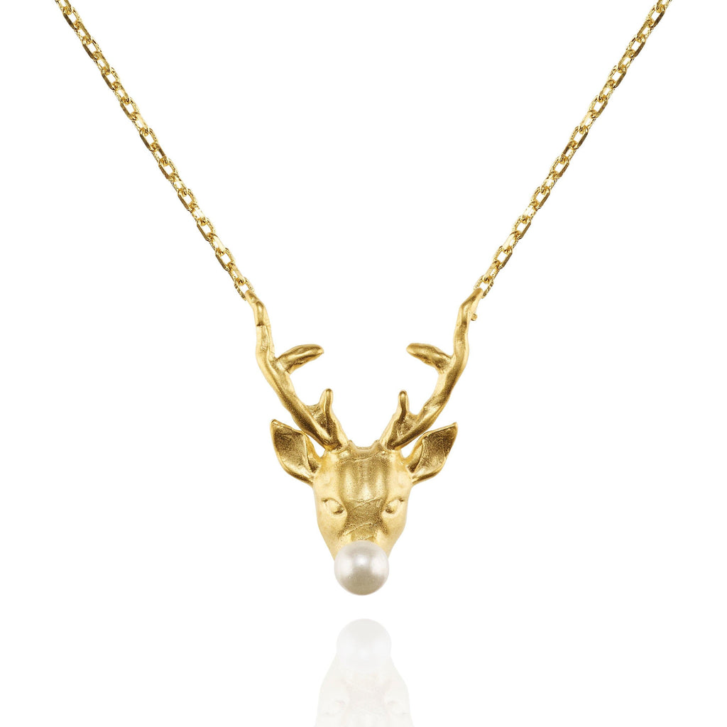 Gold Reindeer Pendant Necklace with a Pearl