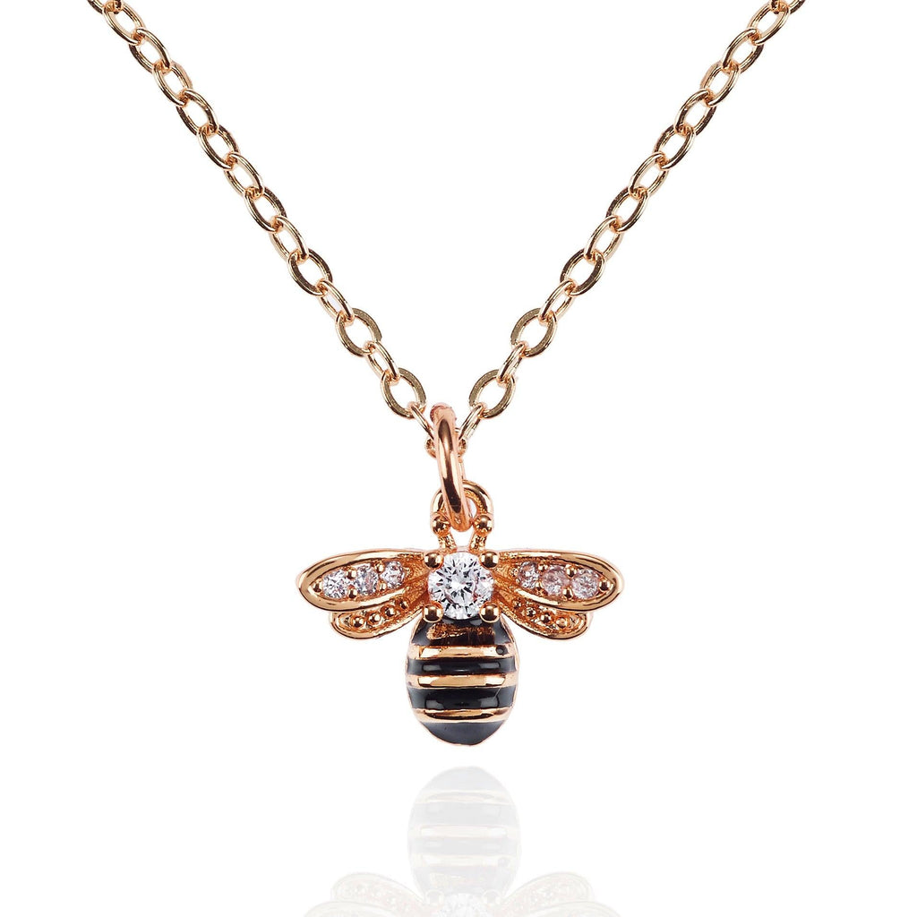 Rose Gold Bumble Bee Necklace with Cubic Zirconia and Black Enamel