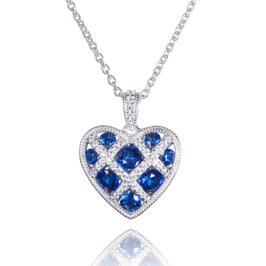 Sterling Silver Lattice Heart Necklace for Women with Blue Stones