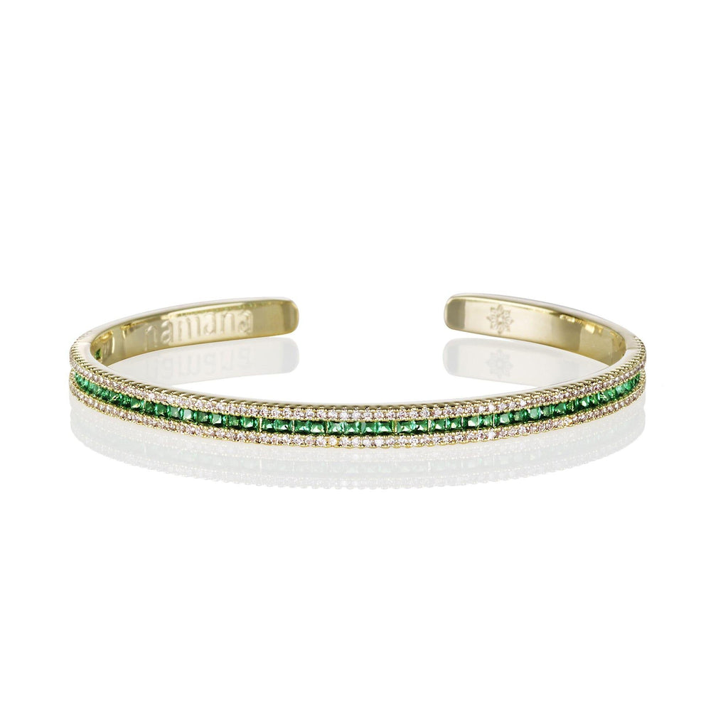 Gold Cuff Bangle Bracelet with Green Cubic Zirconia Stones - namana.london