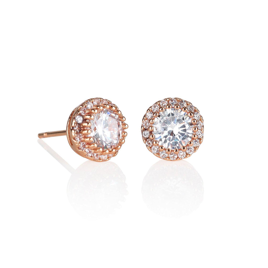 Rose Gold Halo Stud Earrings with Cubic Zirconia Stones - namana.london
