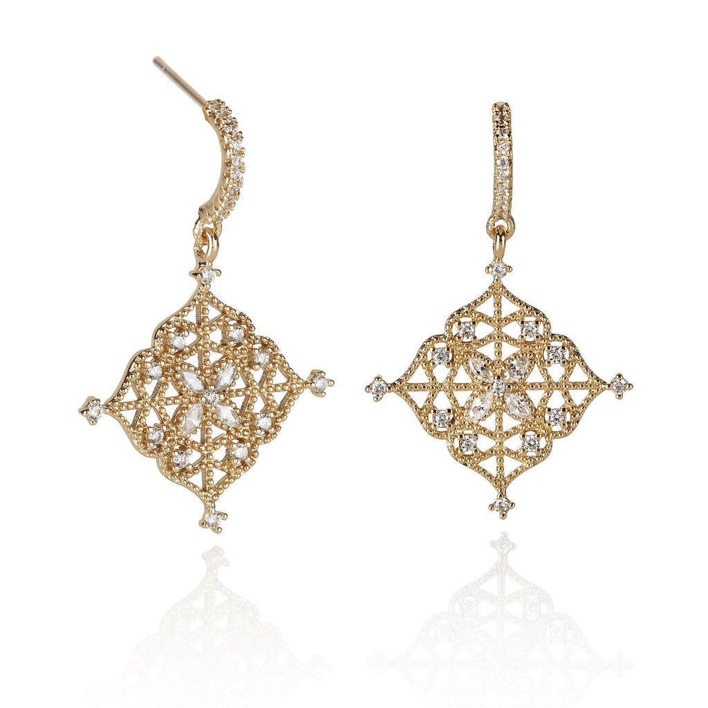 Gold Arabesque Dangle Earrings with Cubic Zirconia - namana.london