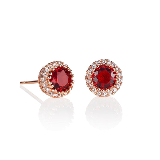 Rose Gold Halo Stud Earrings with Red Cubic Zirconia Stones - namana.london
