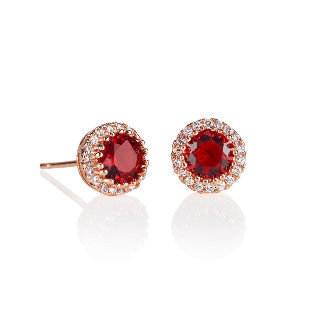 Rose Gold Halo Stud Earrings with Red Cubic Zirconia Stones