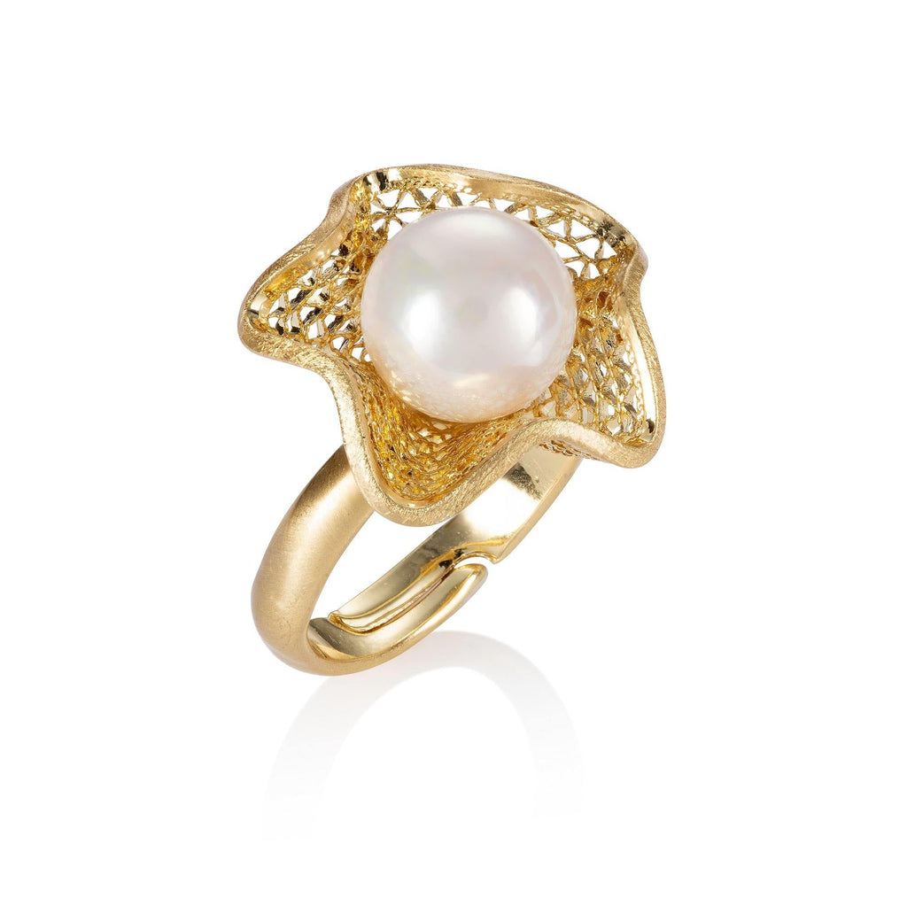 Adjustable Gold Cocktail Ring for Women with a Pearl