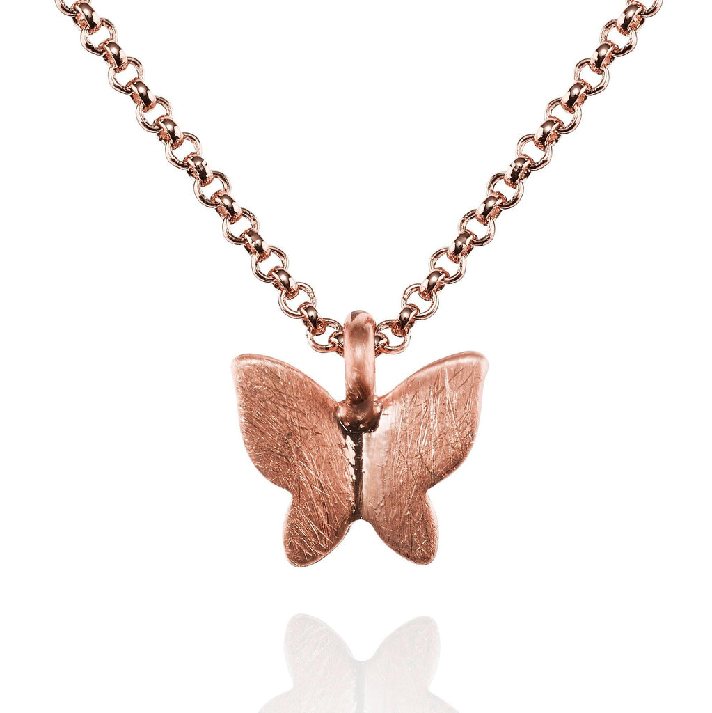 Rose Gold Butterfly Pendant Necklace with Brushed Finish