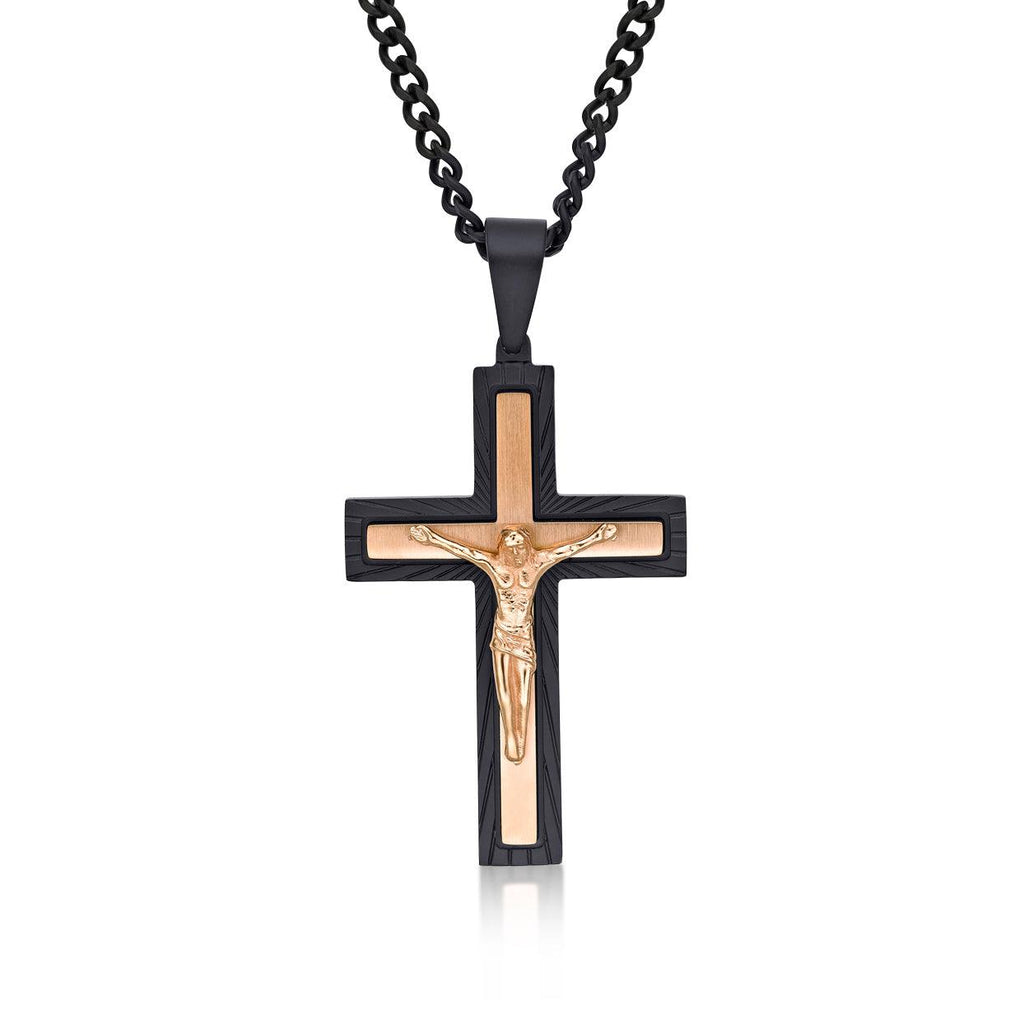 Large Rose Gold and Black Cross Pendant Necklace for Men