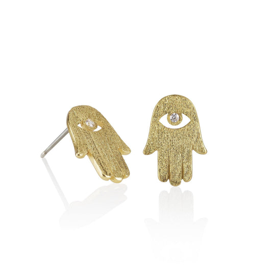 Gold Hamsa Stud Earrings. Brushed Finish Lucky Charm Earrings. - namana.london