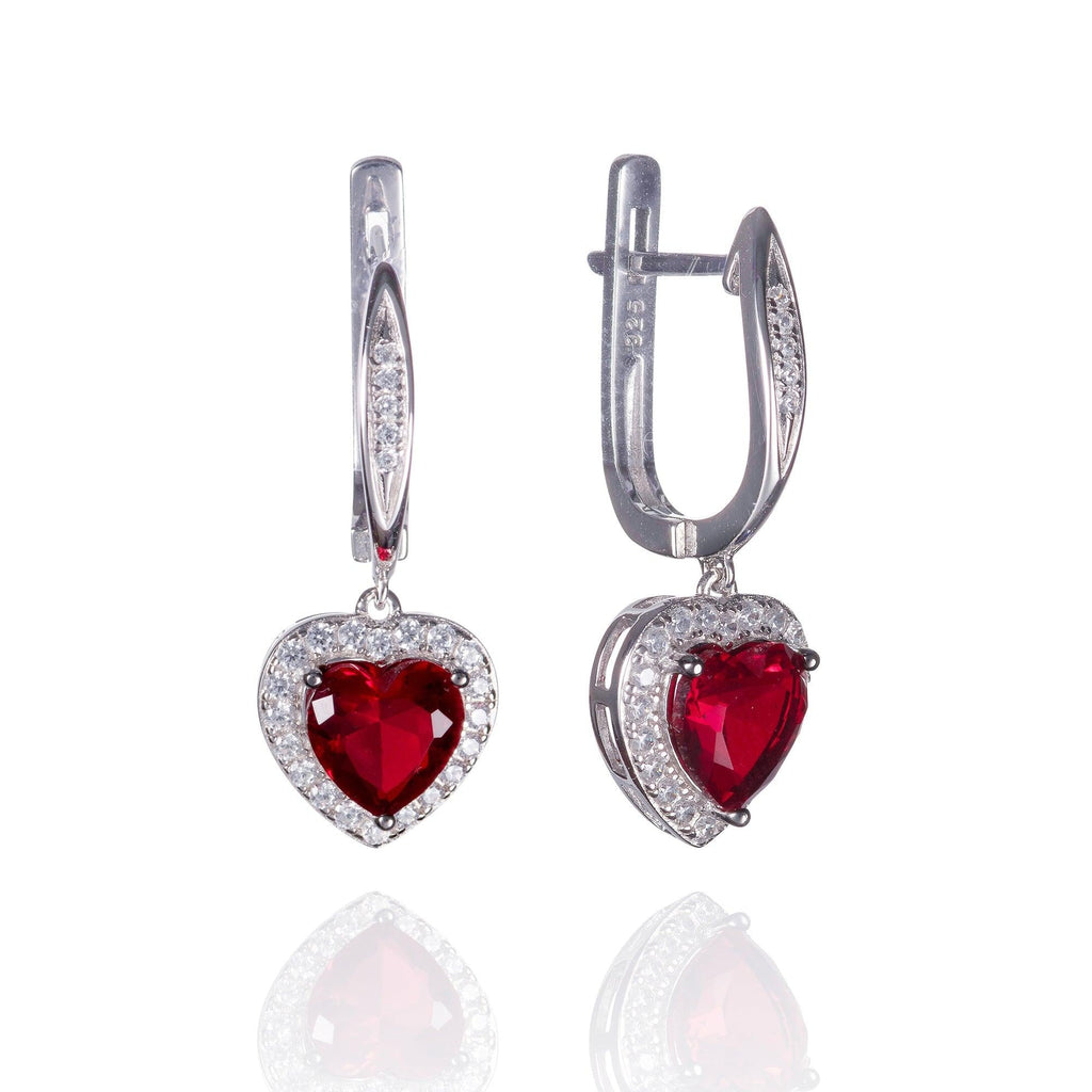 Sterling Silver Heart Earrings for Women With Red Stones and Cubic Zirconia Gemtones - namana.london