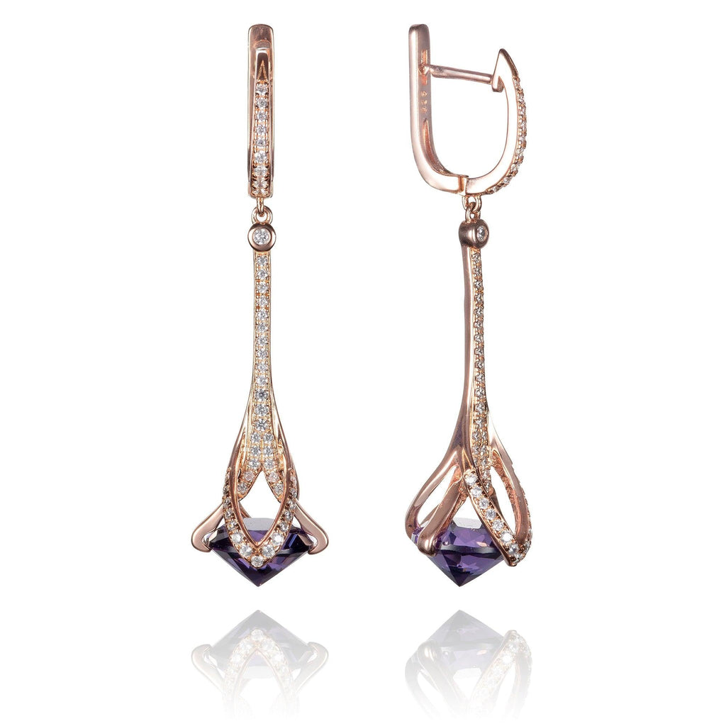 Rose Gold Drop Earrings for Women with Purple Stones and Cubic Zirconia Gemstones