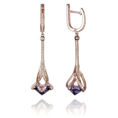 Rose Gold Drop Earrings for Women with Purple Stones and Cubic Zirconia Gemstones - namana.london