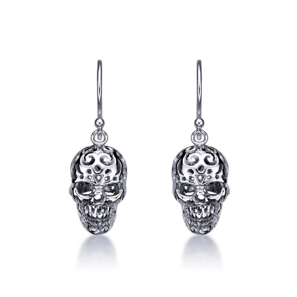 925 Sterling Silver Oxidised Skull Drop Earrings for Women