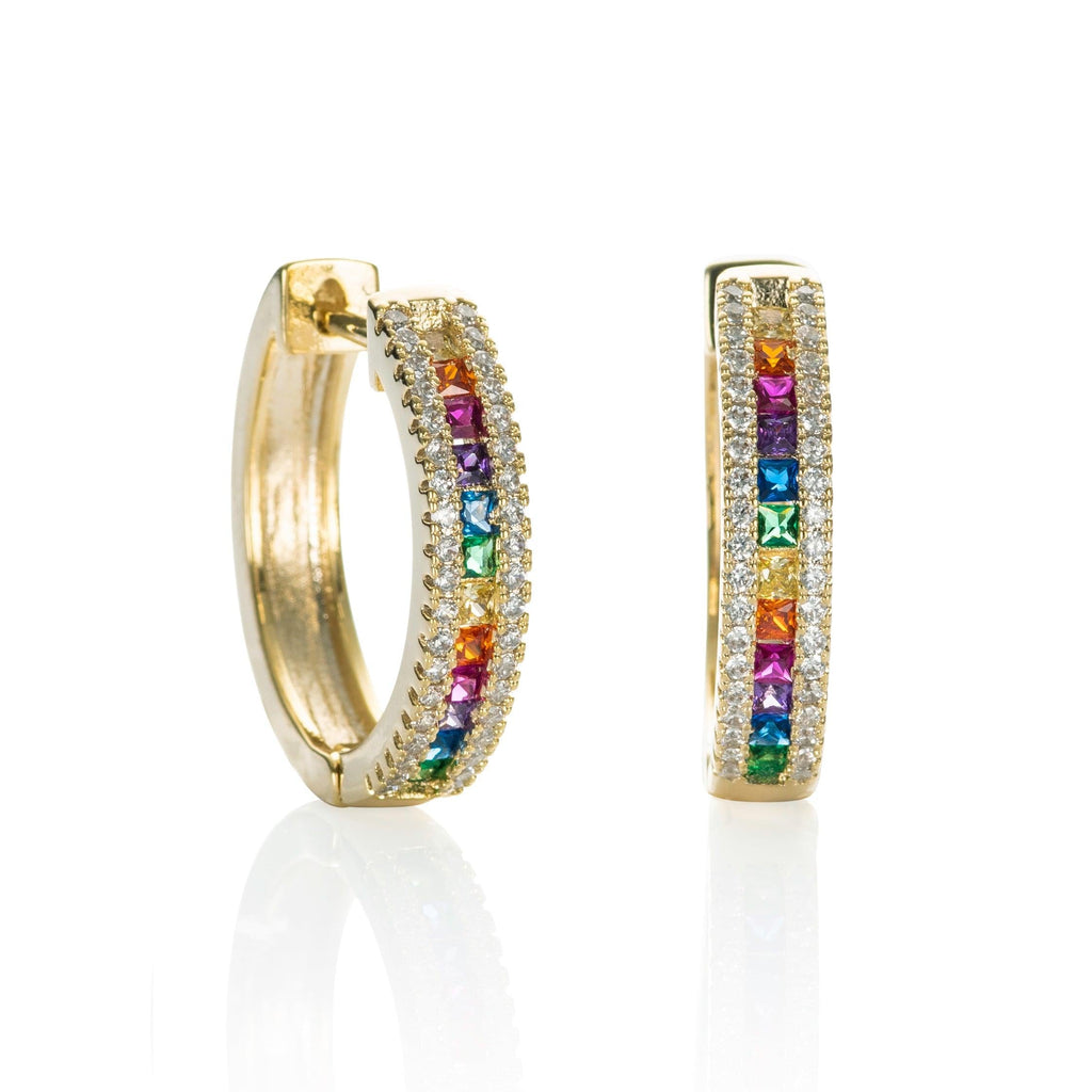 Gold Hoop Earrings with Rainbow Coloured Zirconia Stones - namana.london