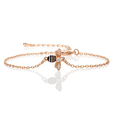 Rose Gold Bumble Bee Bracelet with Cubic Zirconia and Black Enamel - namana.london