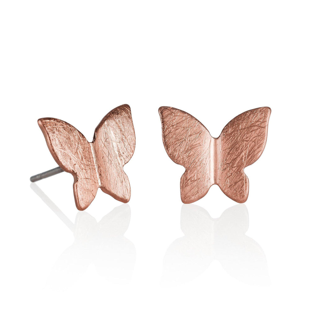 Rose Gold Butterfly Stud Earrings with Brushed Finish - namana.london