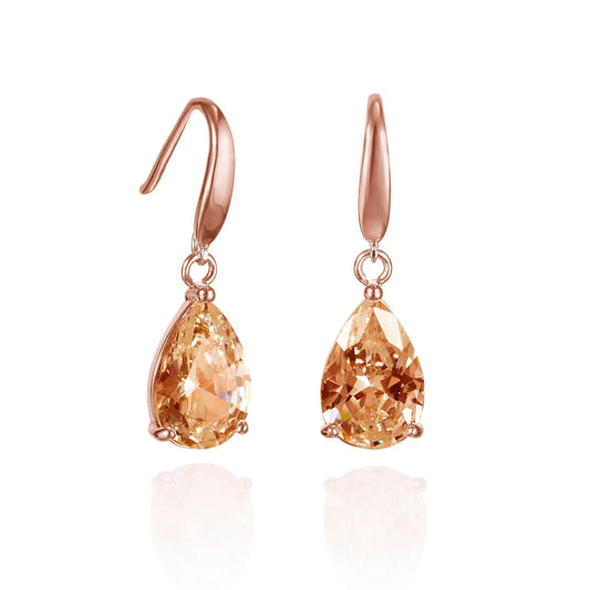 Rose Gold Pear Drop Earrings with Champagne Cubic Zirconia Stones - namana.london