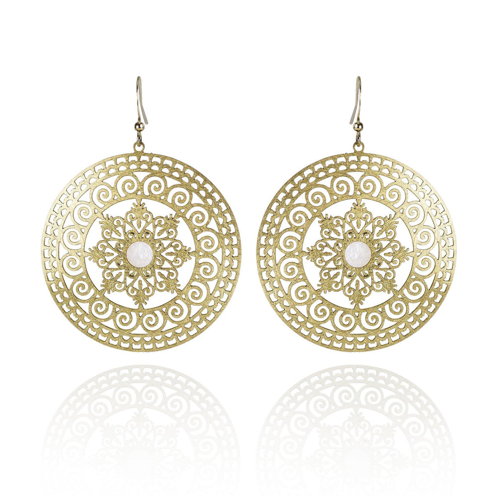 Large Gold Mandala Earrings with Mother of Pearl