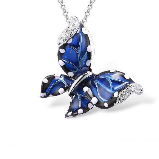 Sterling Silver Blue Enamel Butterfly Pendant Necklace for Women - namana.london