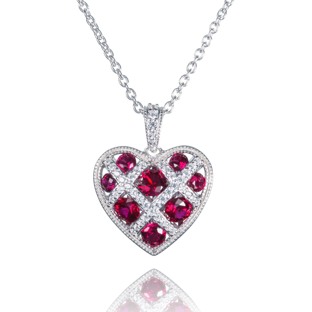 Sterling Silver Lattice Heart Necklace for Women with Red Stones