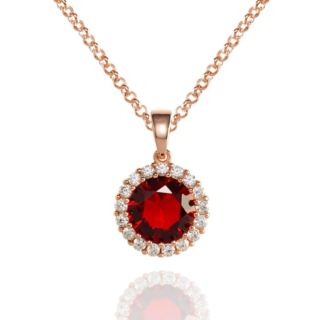 Rose Gold Halo Pendant Necklace with a Red Cubic Zirconia Stone