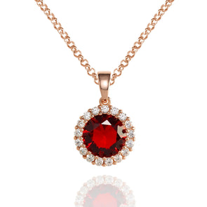 Rose Gold Halo Pendant Necklace with a Red Cubic Zirconia Stone - namana.london