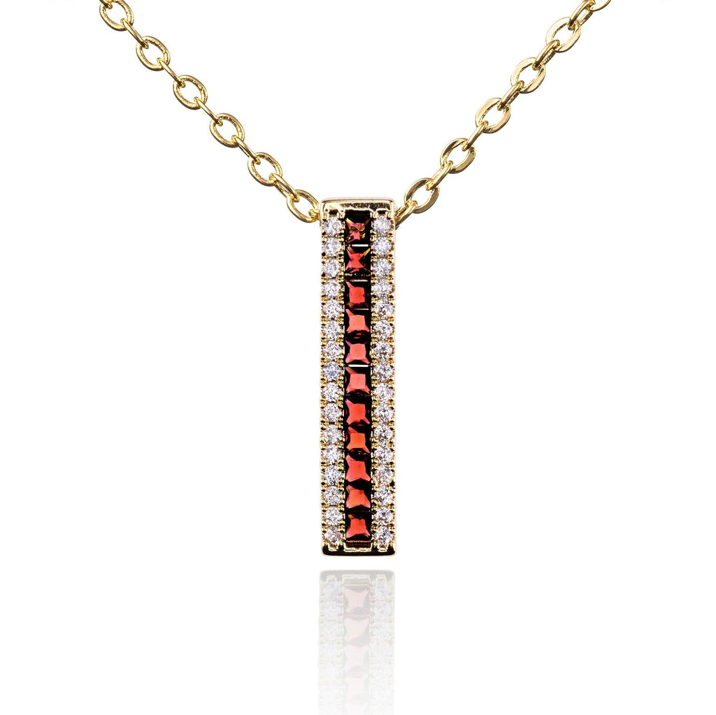 Gold Bar Pendant Necklace with Red Cubic Zirconia Stones - namana.london