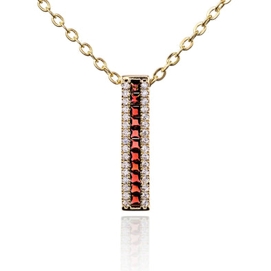 Gold Bar Pendant Necklace with Red Cubic Zirconia Stones - namana.london