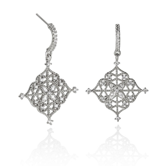 Arabesque Filigree Silver Dangle Earrings with Cubic Zirconia - namana.london