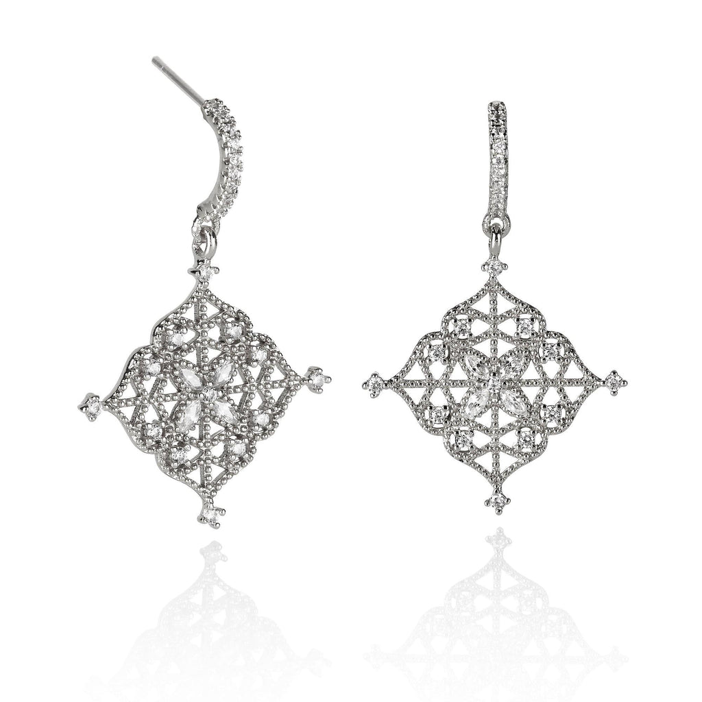 Arabesque Filigree Silver Dangle Earrings with Cubic Zirconia