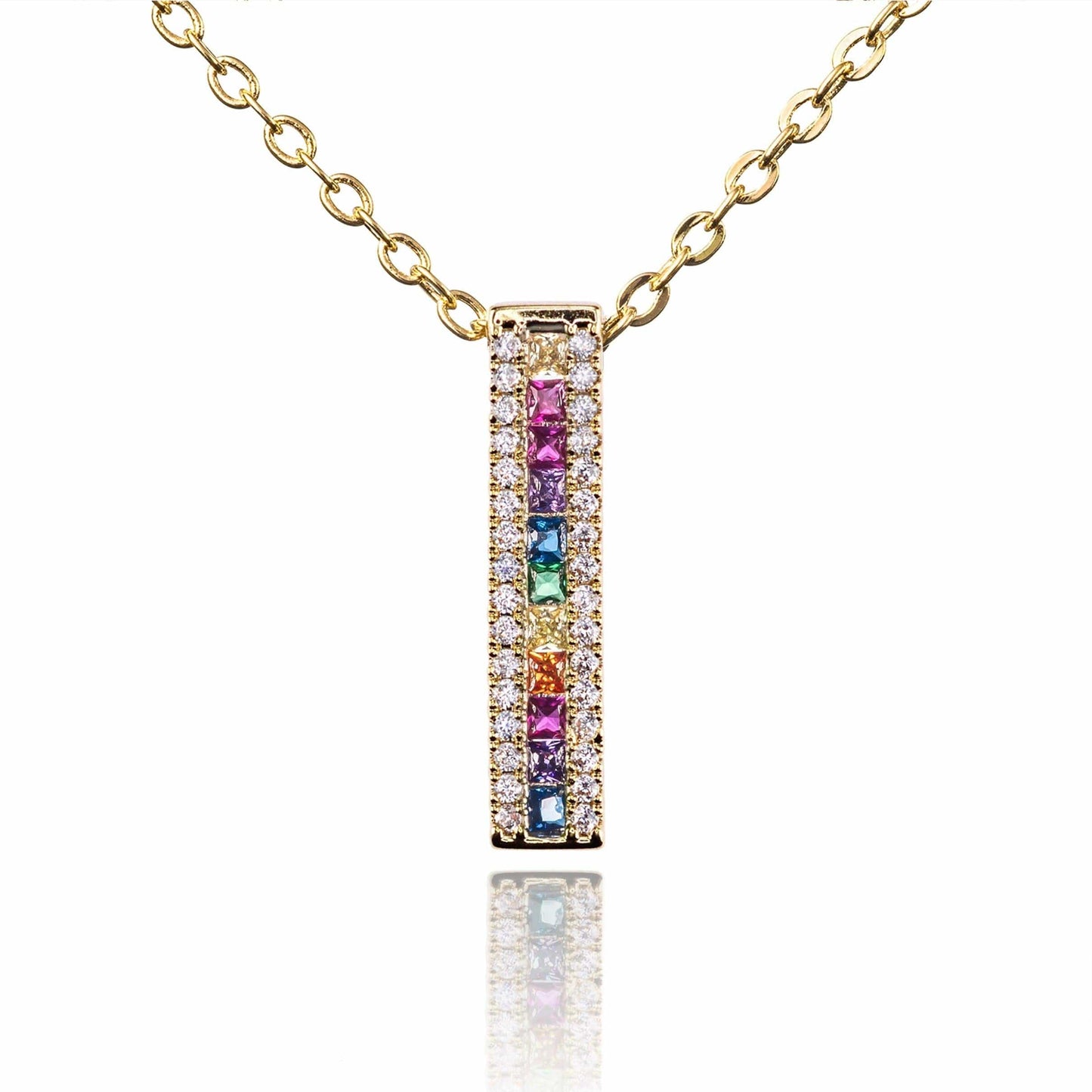 Gold Rainbow Bar Pendant Necklace with Coloured Zirconia Stones - namana.london