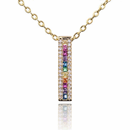 Gold Rainbow Bar Pendant Necklace with Coloured Zirconia Stones - namana.london