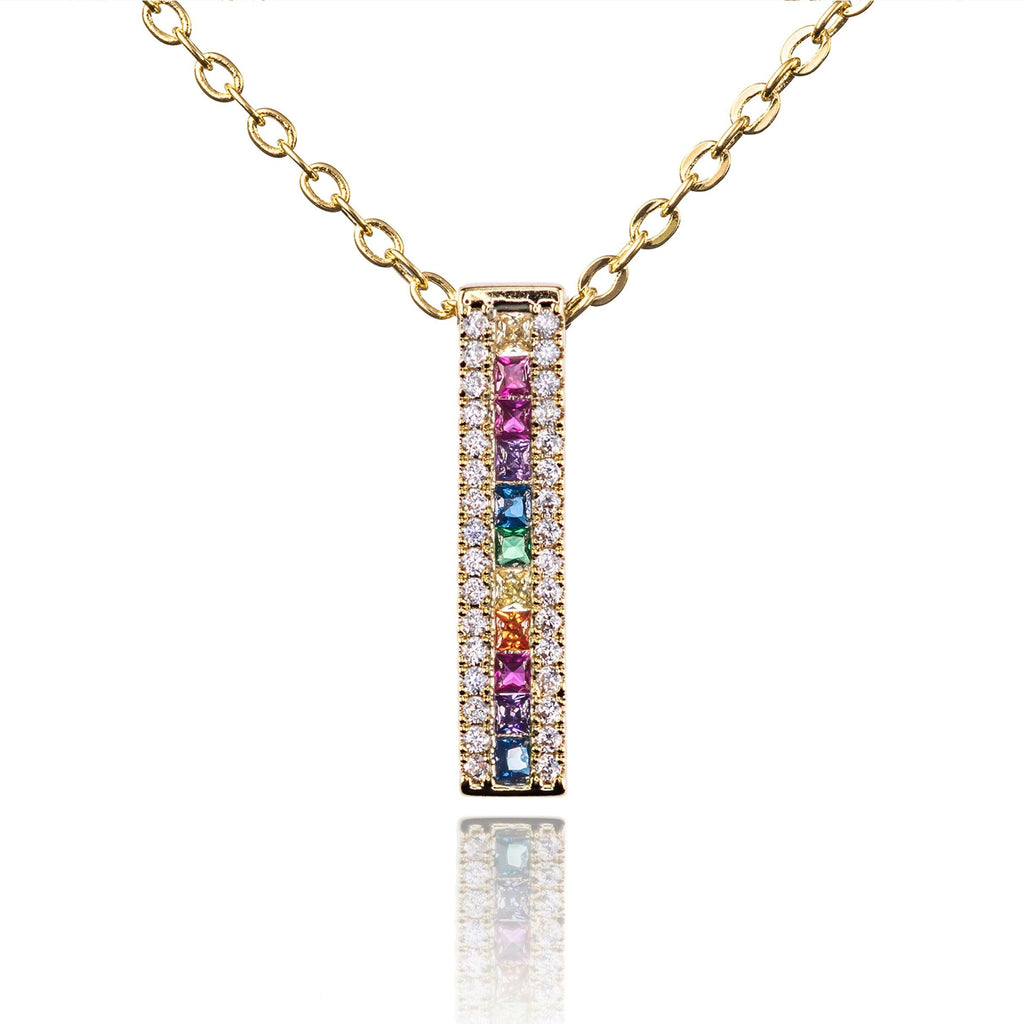Gold Rainbow Bar Pendant Necklace with Coloured Zirconia Stones - namana.london