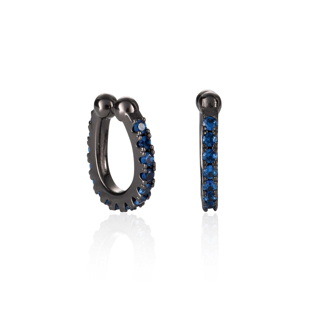 Pair of Black Ear Cuff Earrings with Blue Cubic Zirconia Stones - namana.london