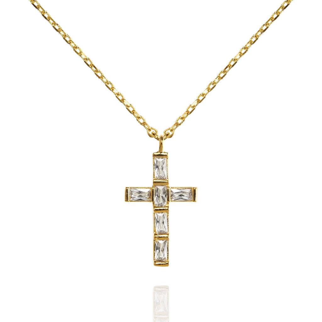 Gold Cross Pendant Necklace with Baguette Cubic Zirconia - namana.london