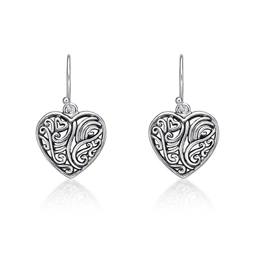 925 Sterling Silver Intricate Heart Drop Earrings for Women - namana.london