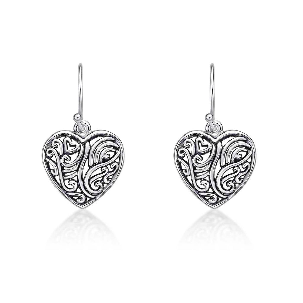 925 Sterling Silver Intricate Heart Drop Earrings for Women