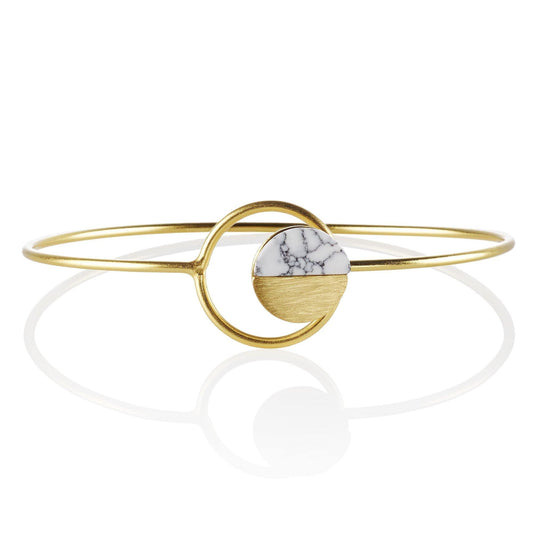 Gold Disc Bangle Bracelet with a White Agate - namana.london