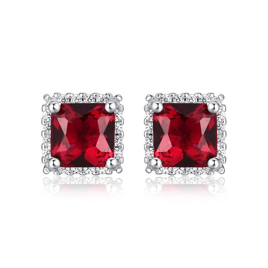 925 Sterling Silver Square Shaped Red Halo Stud Earrings for Women - namana.london