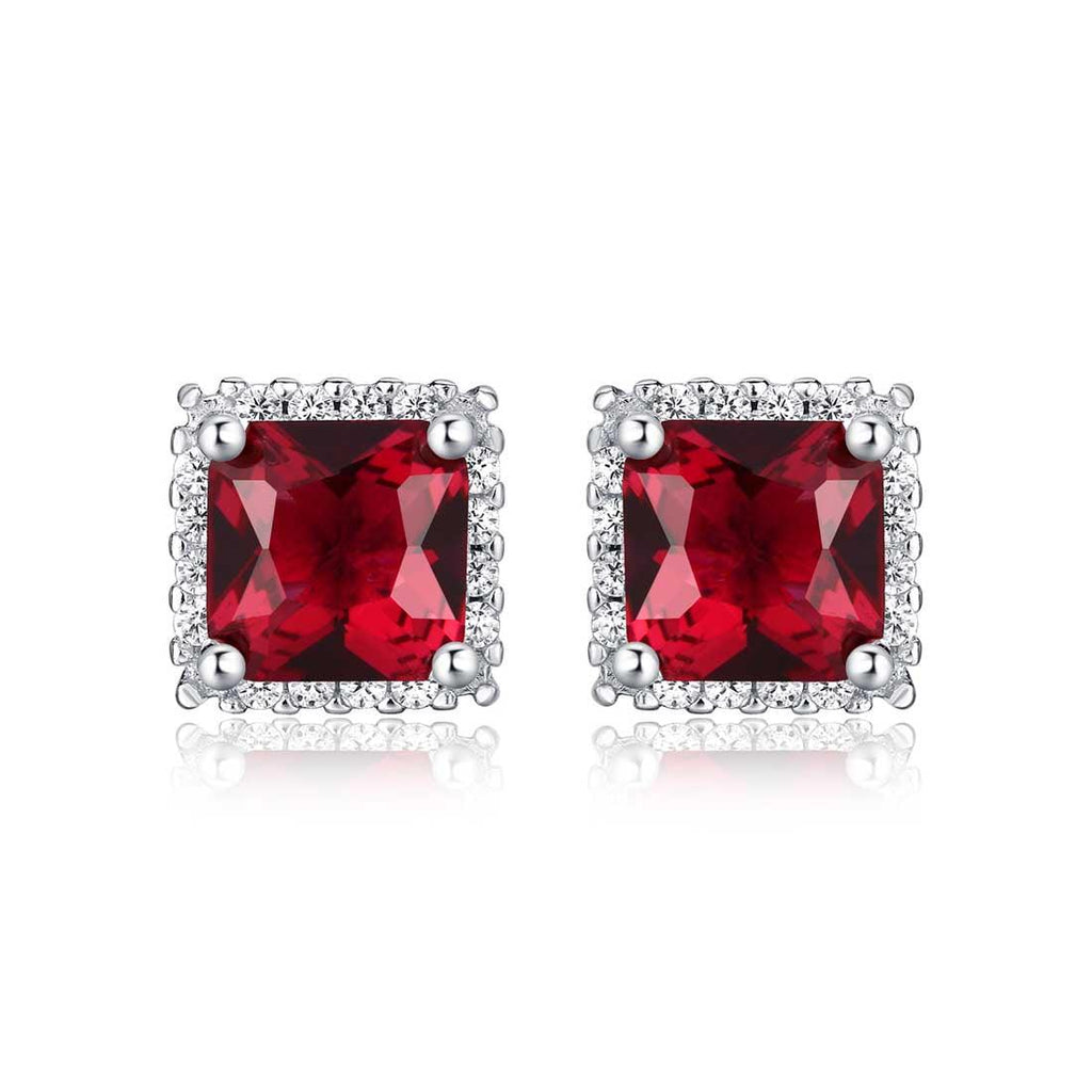 925 Sterling Silver Square Shaped Red Halo Stud Earrings for Women