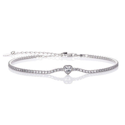 925 Sterling Silver Skinny Tennis Bracelet with a Heart Shaped Stone - namana.london