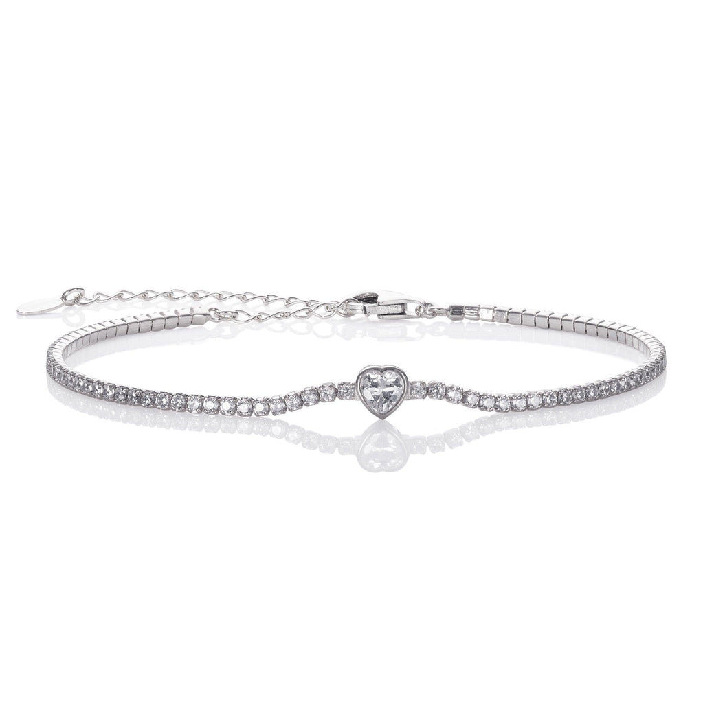 925 Sterling Silver Skinny Tennis Bracelet with a Heart Shaped Stone