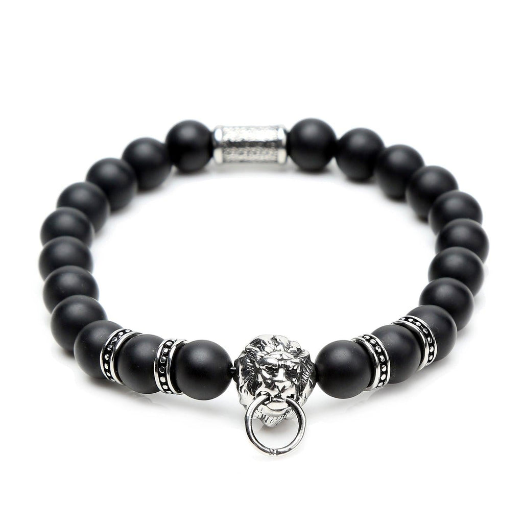 Black Bead Stretch Bracelet for Men with a Lion Head - namana.london