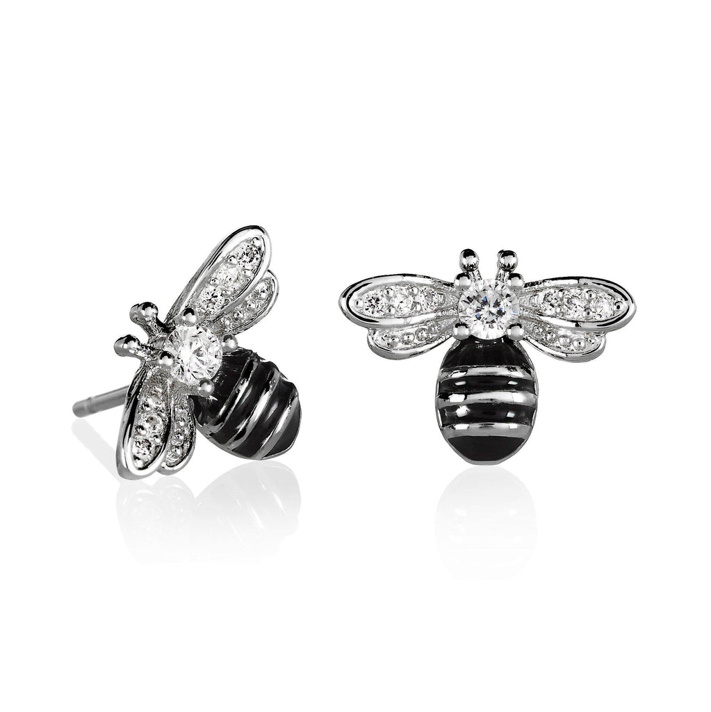 Bumble Bee Stud Earrings with Cubic Zirconia and Black Enamel - namana.london