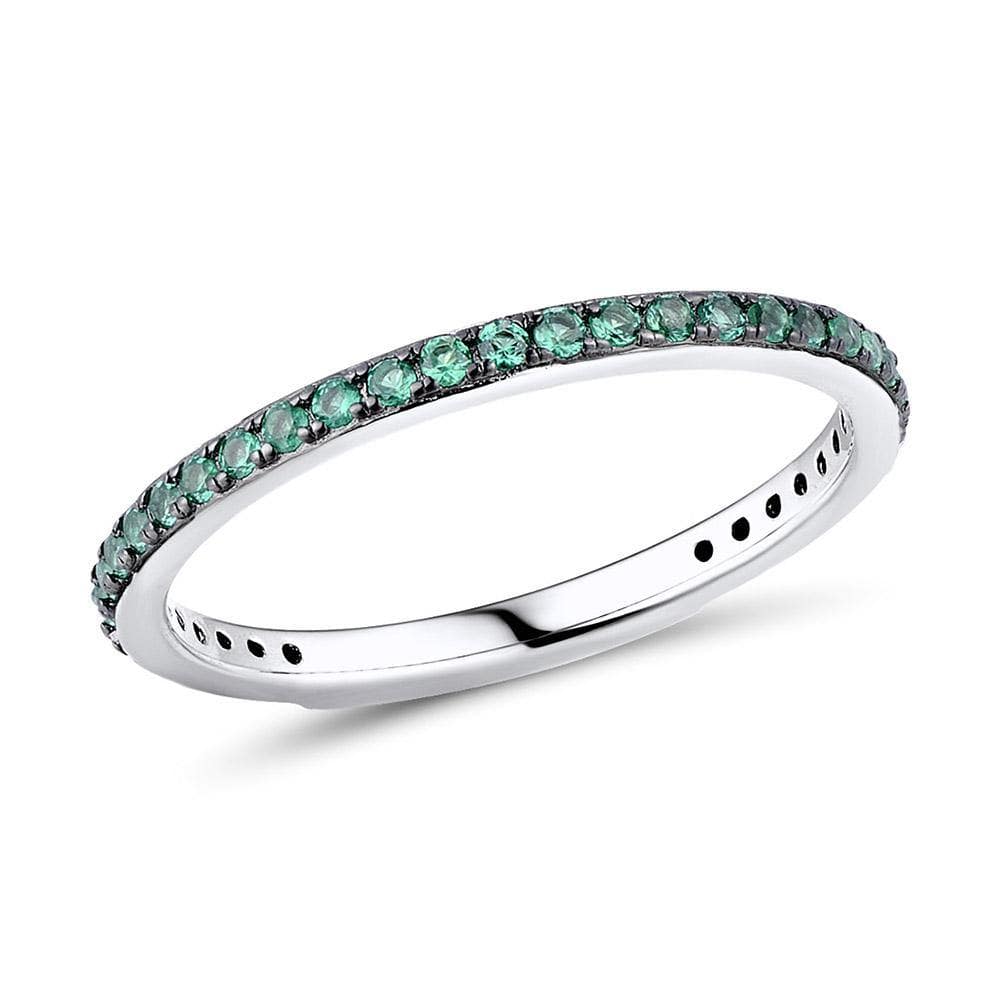 Skinny Sterling Silver Band Ring for Women with Green Cubic Stones - namana.london