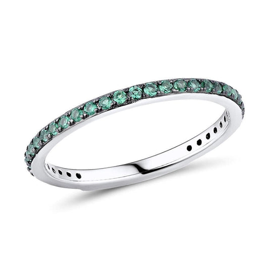 Skinny Sterling Silver Band Ring for Women with Green Cubic Stones - namana.london